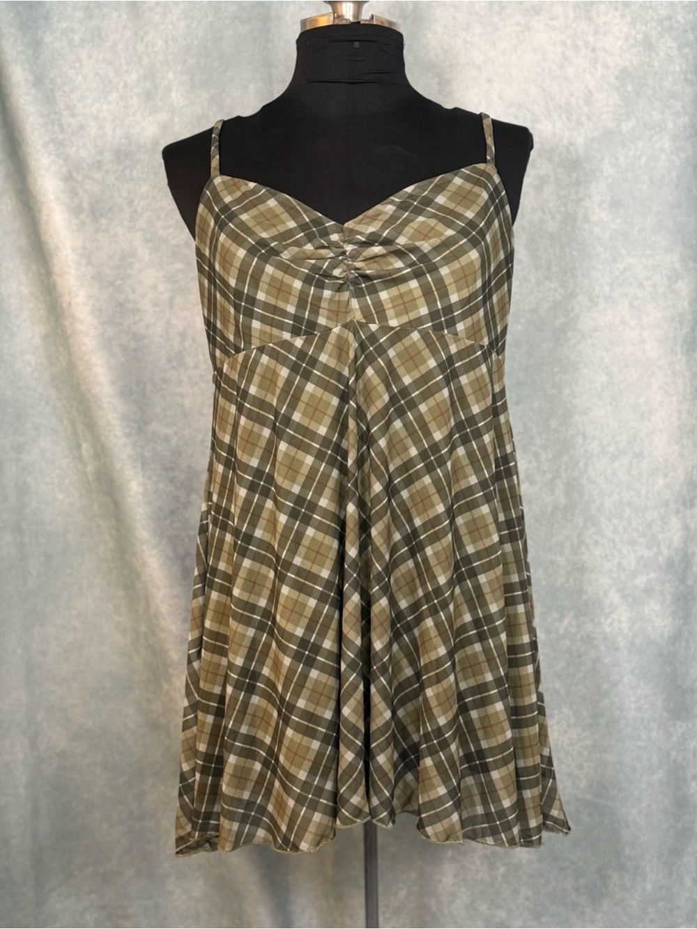 Plaid Spaghetti-Strap Dress in Olive